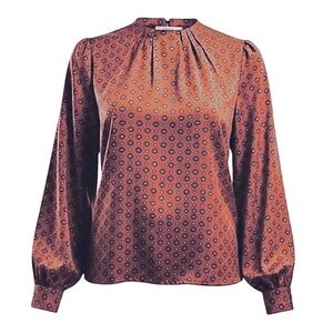 🐅EVC🐅 Vintage Pleat Collar Necktie Print Blouse in Copper, Size Medium